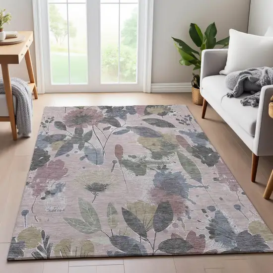 Blush Mauve And Gray Floral Washable Area Rug With UV Protection Photo 4