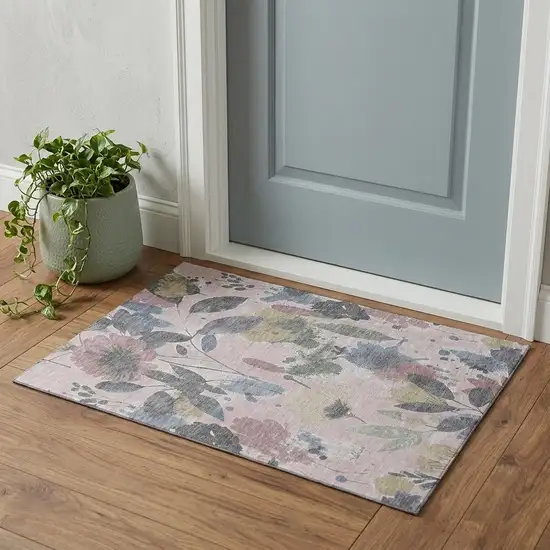 Blush Mauve And Gray Floral Washable Area Rug With UV Protection Photo 1
