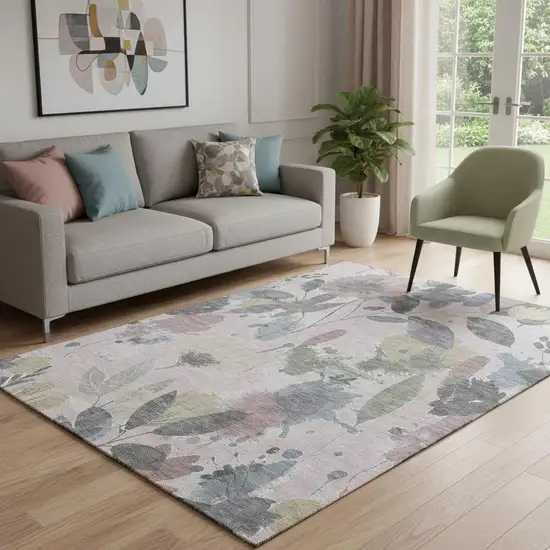 Blush Mauve And Gray Floral Washable Area Rug With UV Protection Photo 2