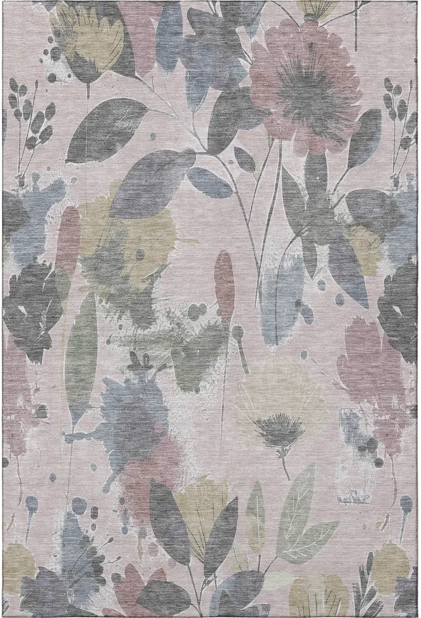 Blush Mauve And Gray Floral Washable Area Rug With UV Protection Photo 3