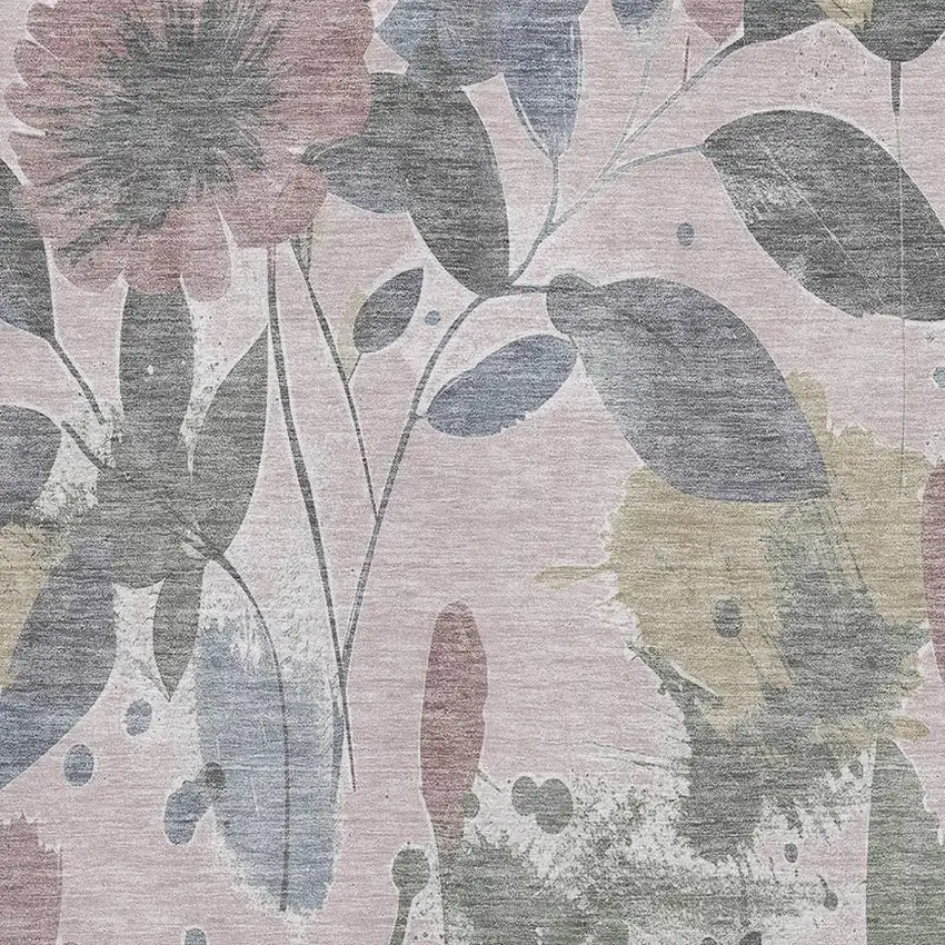Blush Mauve And Gray Floral Washable Area Rug With UV Protection Photo 2