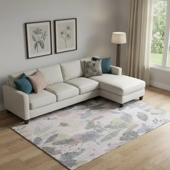 Blush Mauve And Gray Floral Washable Area Rug With UV Protection Photo 2