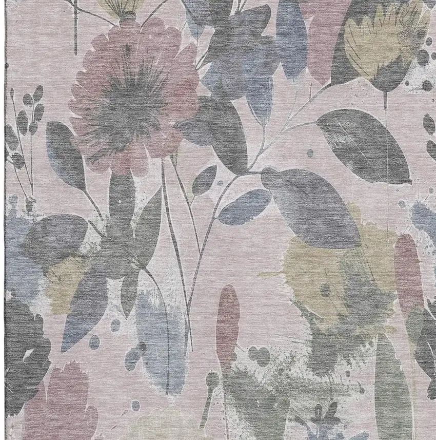 Blush Mauve And Gray Floral Washable Area Rug With UV Protection Photo 3