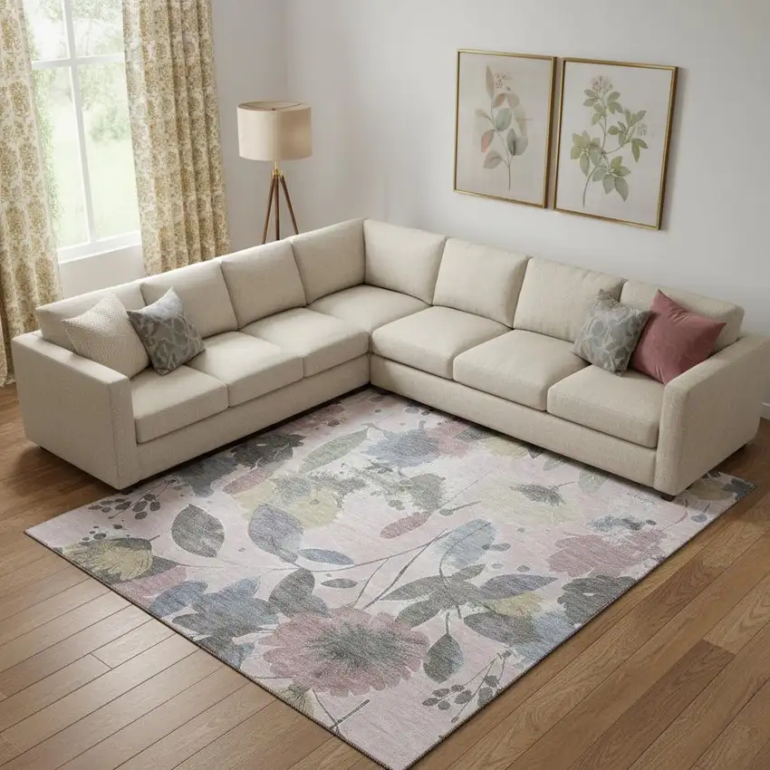 Blush Mauve And Gray Floral Washable Area Rug With UV Protection Photo 2