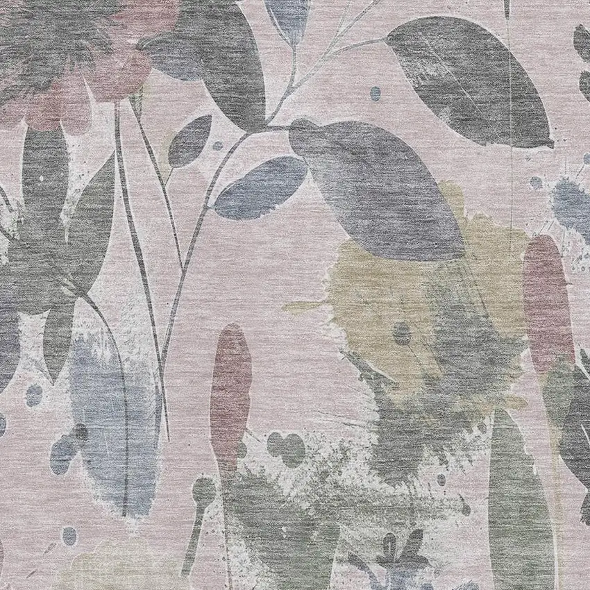 Blush Mauve And Gray Floral Washable Area Rug With UV Protection Photo 2