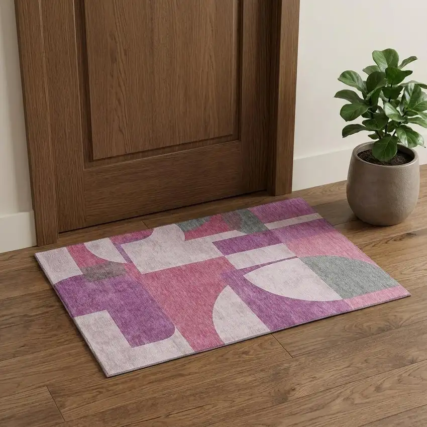 Blush Mauve And Ivory Abstract Geometric Washable Area Rug With UV Protection Photo 1