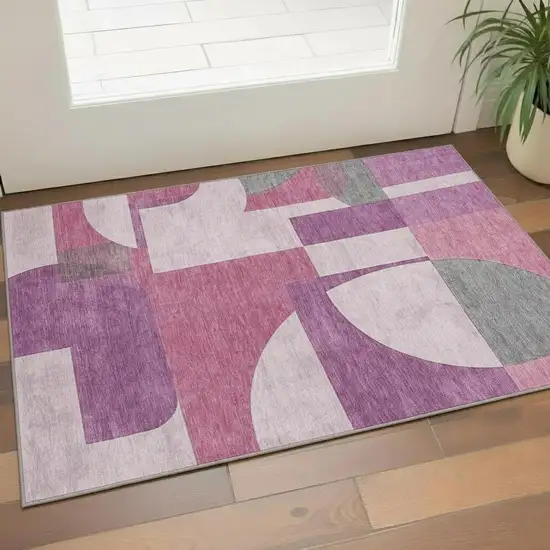 Blush Mauve And Ivory Abstract Geometric Washable Area Rug With UV Protection Photo 2