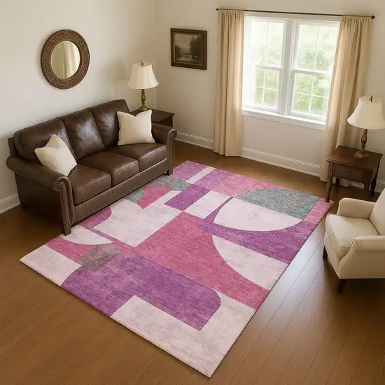 Blush Mauve And Ivory Abstract Geometric Washable Area Rug With UV Protection Photo 4