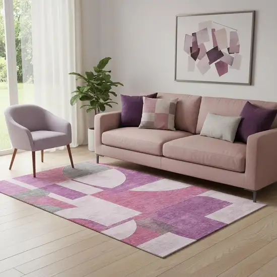 Blush Mauve And Ivory Abstract Geometric Washable Area Rug With UV Protection Photo 1