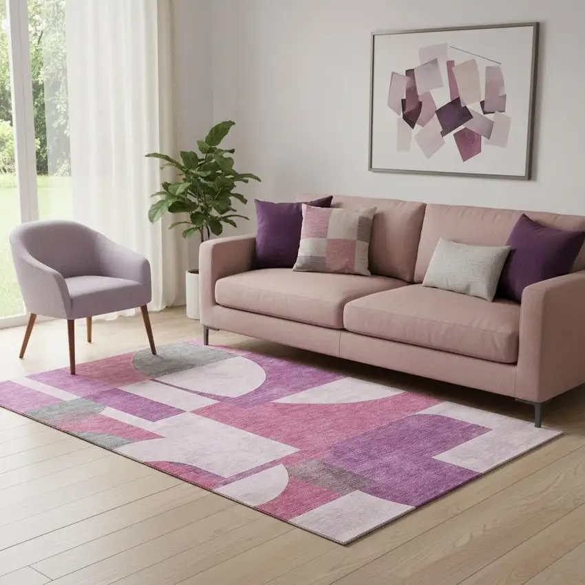 Blush Mauve And Ivory Abstract Geometric Washable Area Rug With UV Protection Photo 1