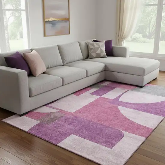 Blush Mauve And Ivory Abstract Geometric Washable Area Rug With UV Protection Photo 2