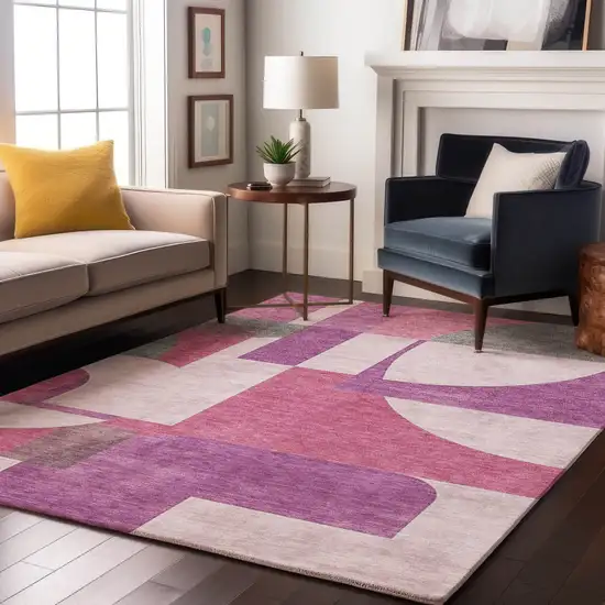 Blush Mauve And Ivory Abstract Geometric Washable Area Rug With UV Protection Photo 4