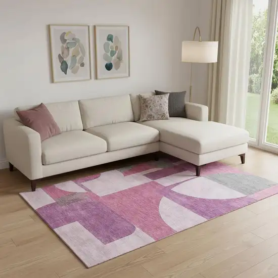 Blush Mauve And Ivory Abstract Geometric Washable Area Rug With UV Protection Photo 2