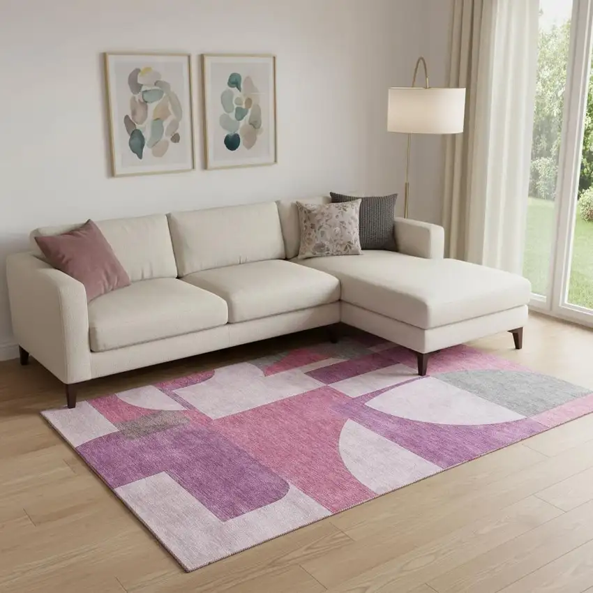 Blush Mauve And Ivory Abstract Geometric Washable Area Rug With UV Protection Photo 2
