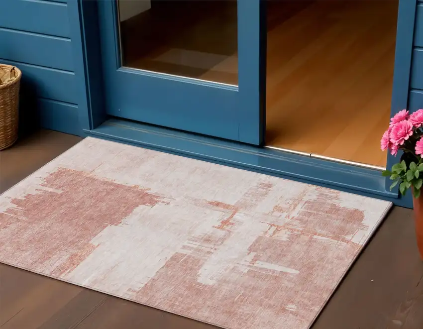 Blush Mauve And Ivory Abstract Washable Indoor Outdoor Area Rug Photo 1
