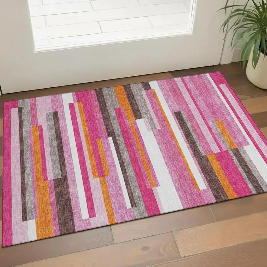 Blush Orange And Gray Striped Washable Area Rug With UV Protection Photo 1