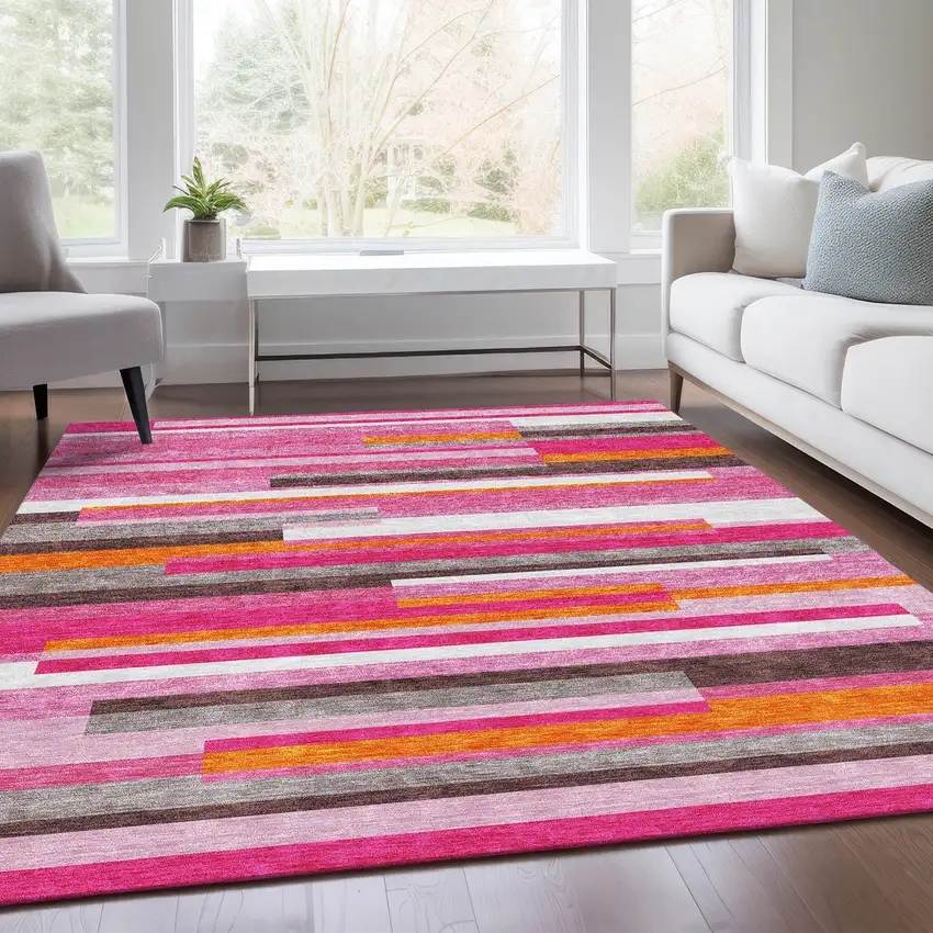 Blush Orange And Gray Striped Washable Area Rug With UV Protection Photo 5