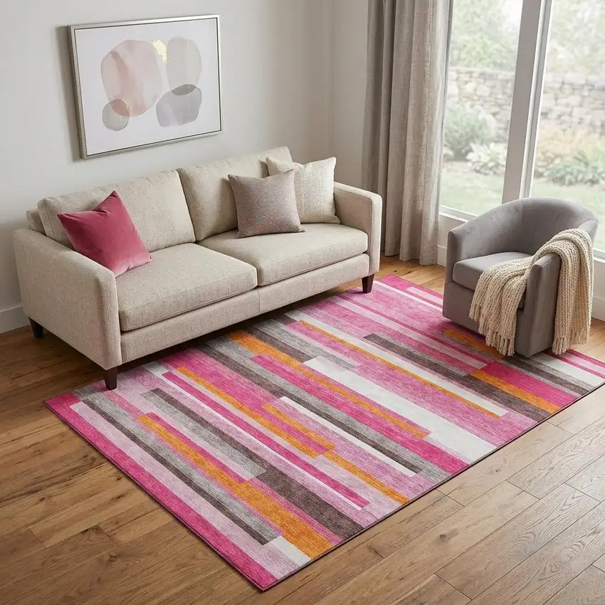 Blush Orange And Gray Striped Washable Area Rug With UV Protection Photo 1