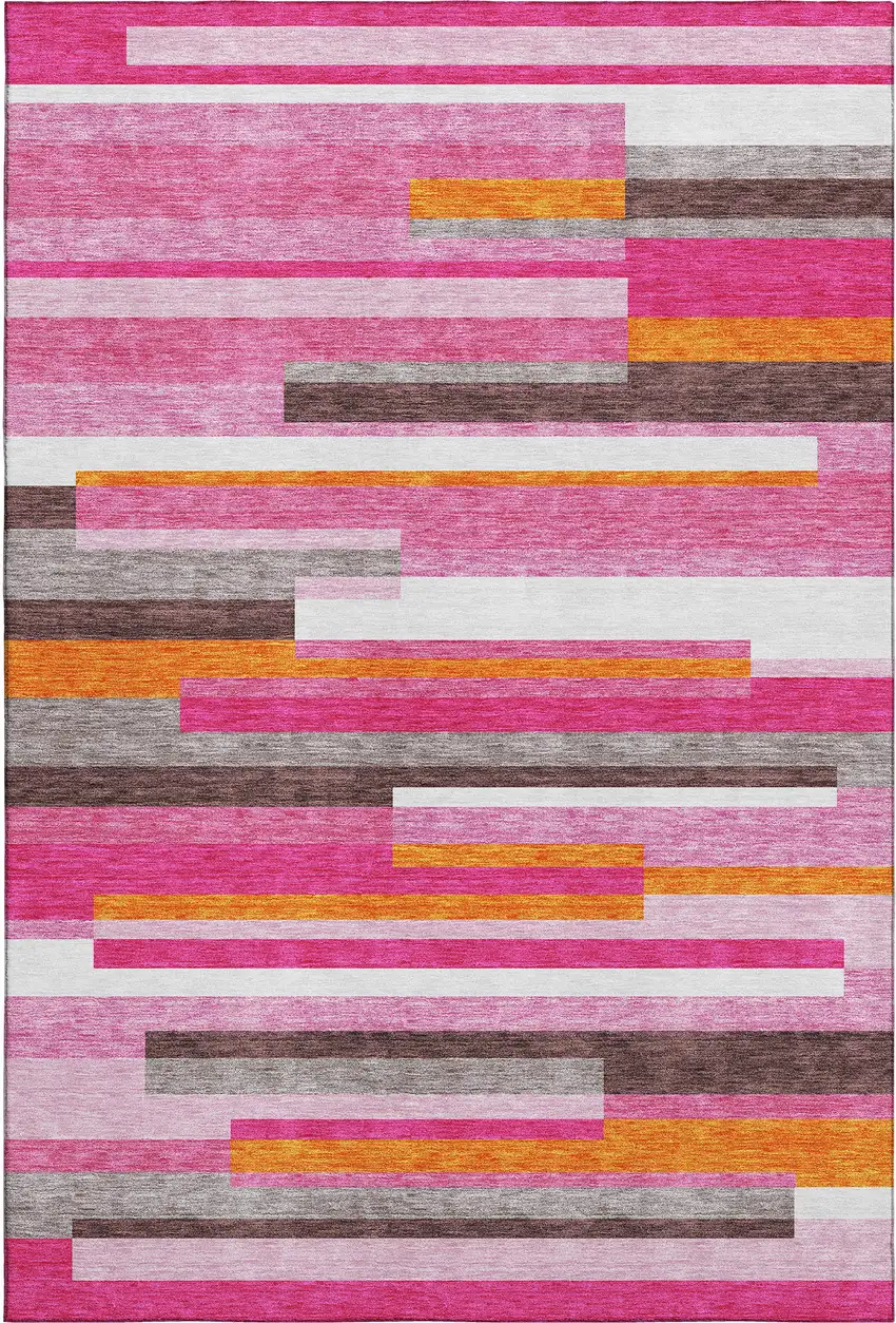 Blush Orange And Gray Striped Washable Area Rug With UV Protection Photo 1
