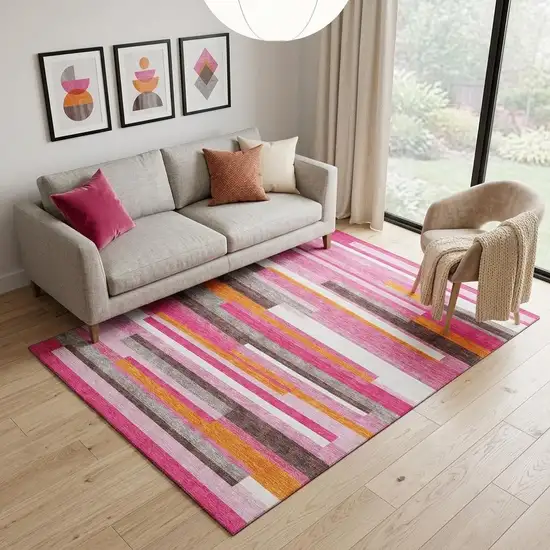 Blush Orange And Gray Striped Washable Area Rug With UV Protection Photo 1