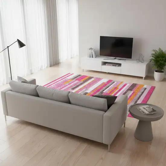 Blush Orange And Gray Striped Washable Area Rug With UV Protection Photo 2