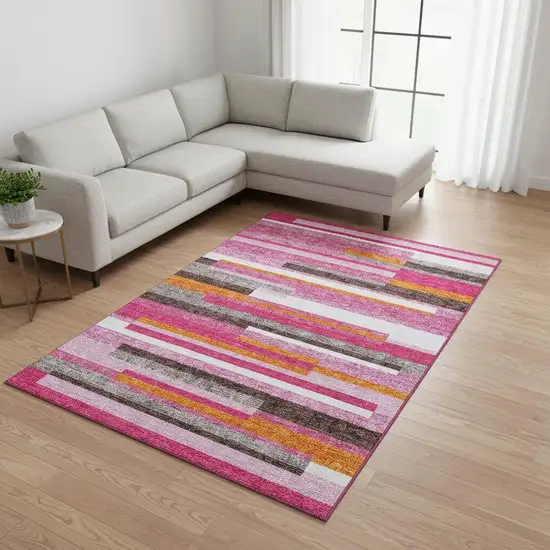 Blush Orange And Gray Striped Washable Area Rug With UV Protection Photo 2