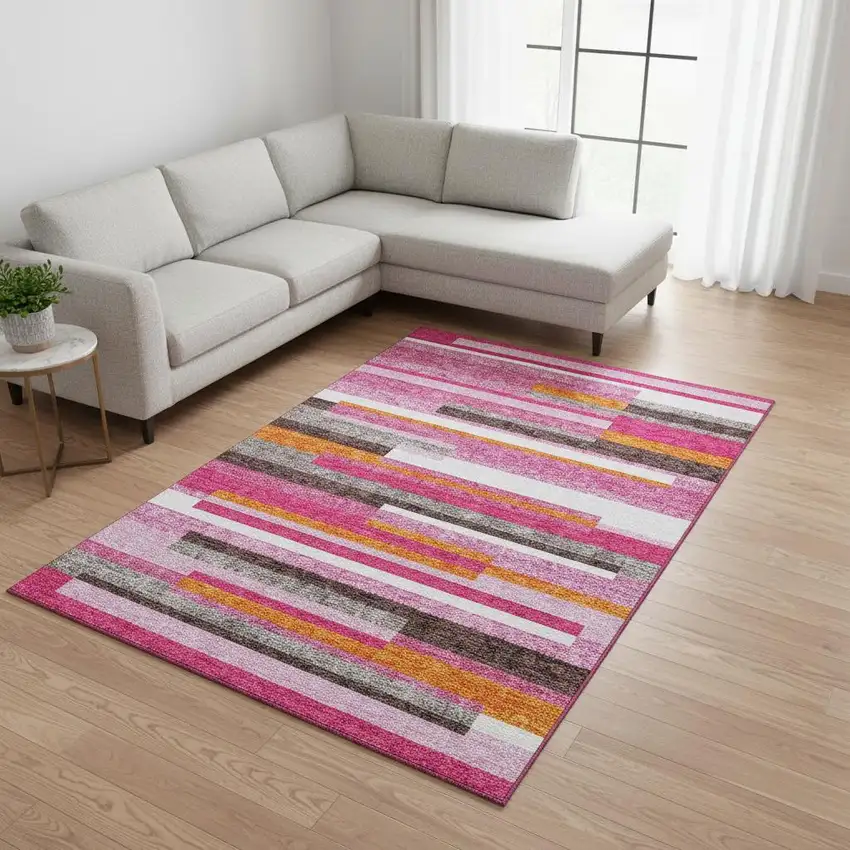 Blush Orange And Gray Striped Washable Area Rug With UV Protection Photo 2