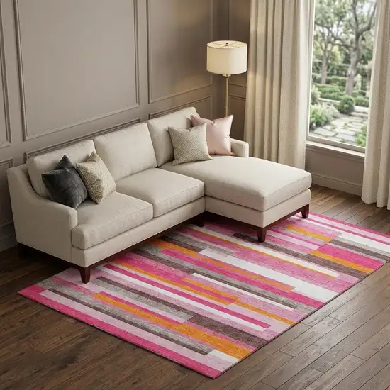 Blush Orange And Gray Striped Washable Area Rug With UV Protection Photo 1