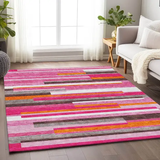 Blush Orange And Gray Striped Washable Area Rug With UV Protection Photo 4