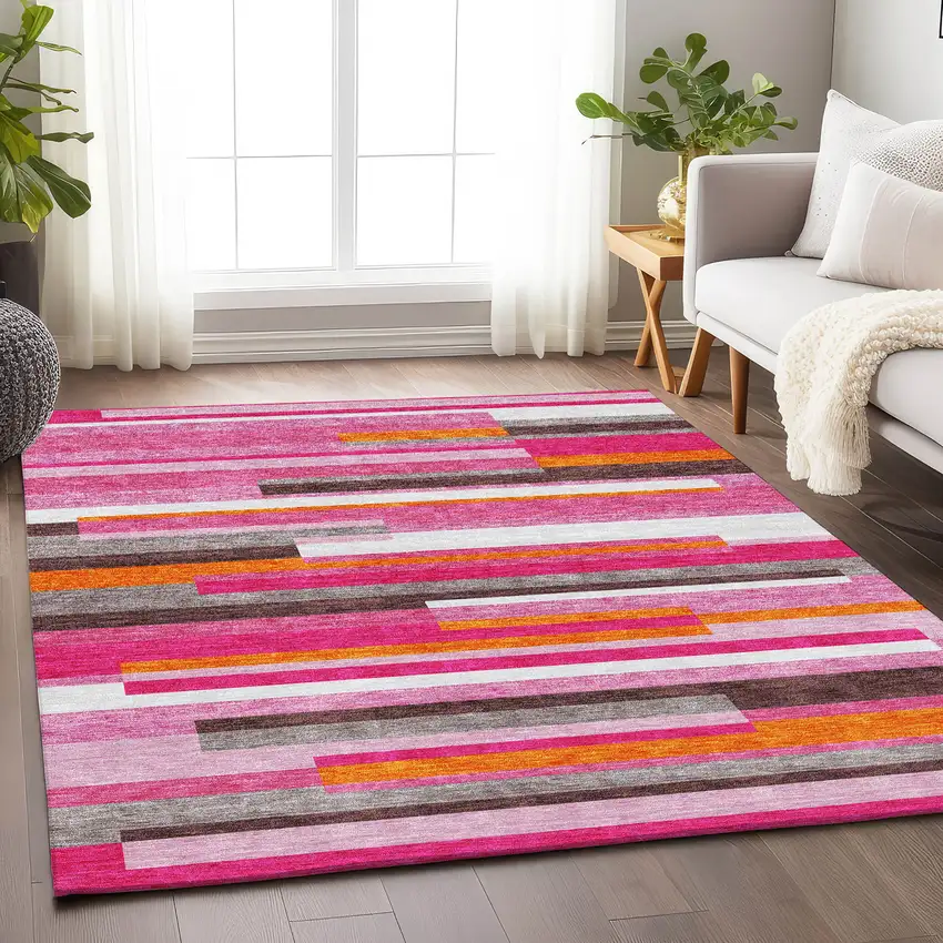Blush Orange And Gray Striped Washable Area Rug With UV Protection Photo 4