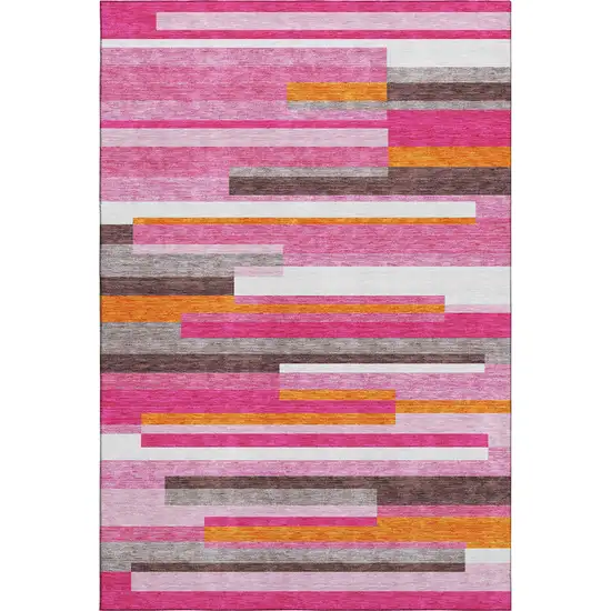 Blush Orange And Gray Striped Washable Area Rug With UV Protection Photo 1