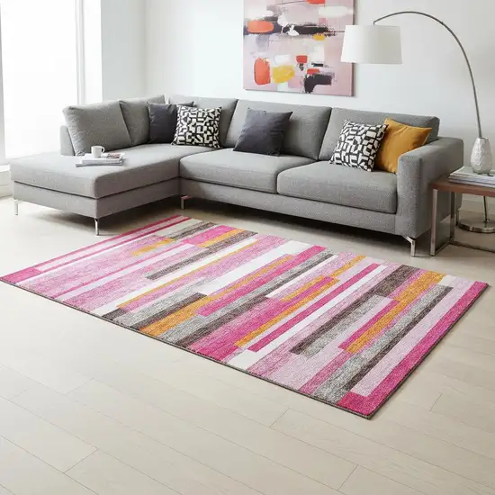Blush Orange And Gray Striped Washable Area Rug With UV Protection Photo 2
