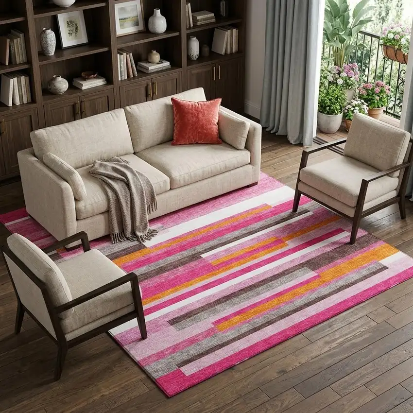 Blush Orange And Gray Striped Washable Area Rug With UV Protection Photo 1