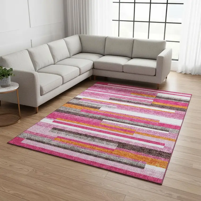 Blush Orange And Gray Striped Washable Area Rug With UV Protection Photo 2