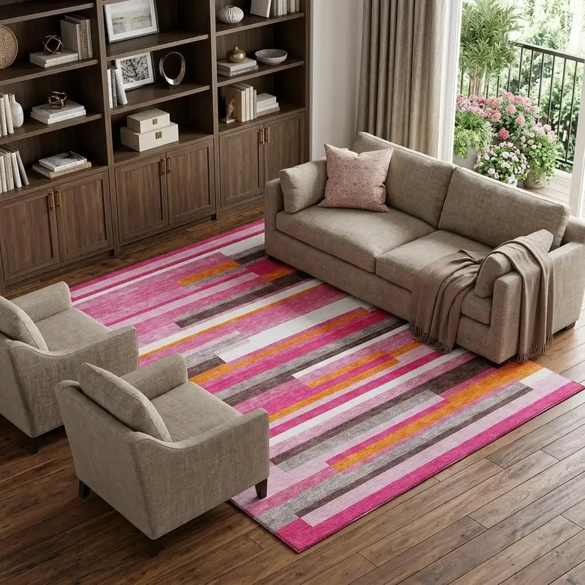 Blush Orange And Gray Striped Washable Area Rug With UV Protection Photo 1