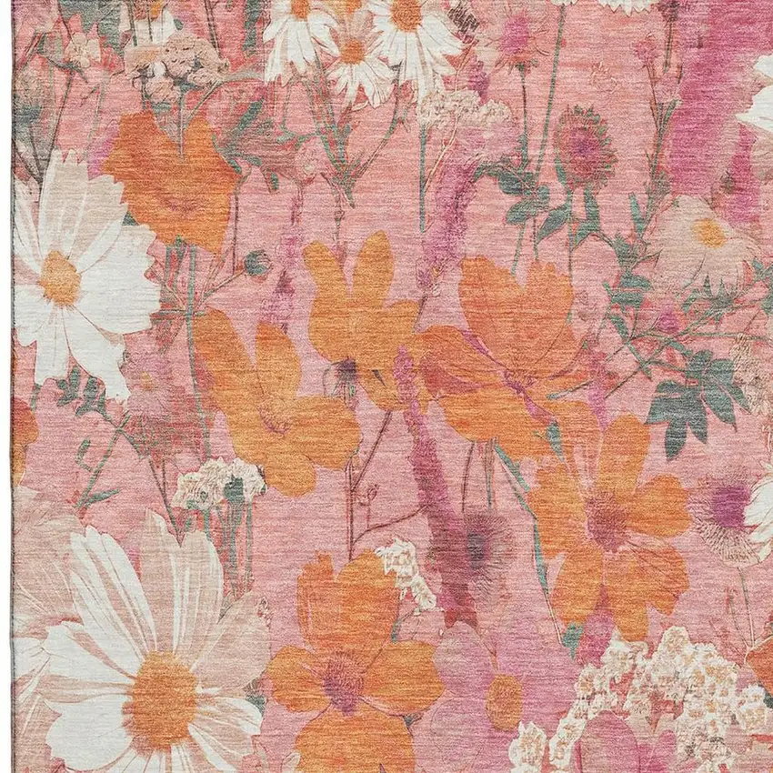Blush Orange And Ivory Floral Washable Area Rug With UV Protection Photo 2