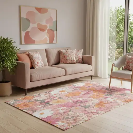 Blush Orange And Ivory Floral Washable Area Rug With UV Protection Photo 2