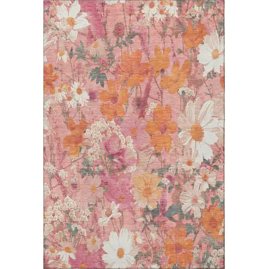 Blush Orange And Ivory Floral Washable Area Rug With UV Protection Photo 2