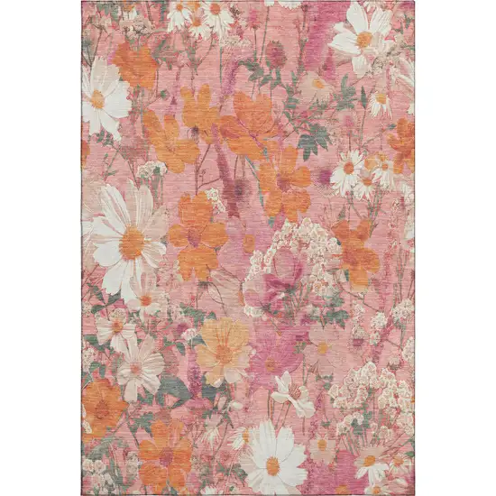 Blush Orange And Ivory Floral Washable Area Rug With UV Protection Photo 1