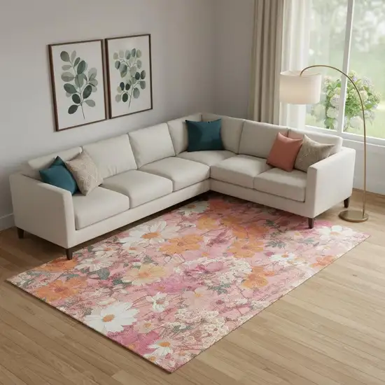 Blush Orange And Ivory Floral Washable Area Rug With UV Protection Photo 2
