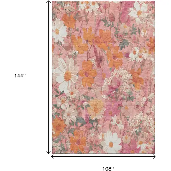 Blush Orange And Ivory Floral Washable Area Rug With UV Protection Photo 9