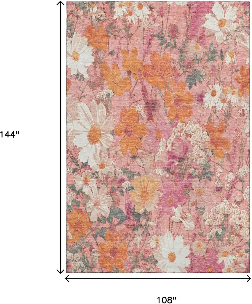 Blush Orange And Ivory Floral Washable Area Rug With UV Protection Photo 9