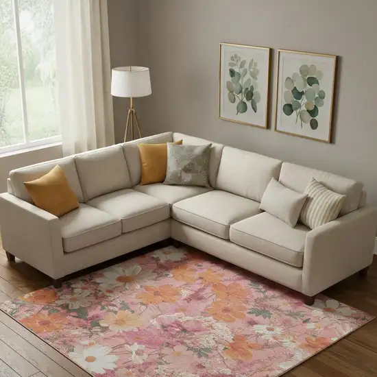 Blush Orange And Ivory Floral Washable Area Rug With UV Protection Photo 2