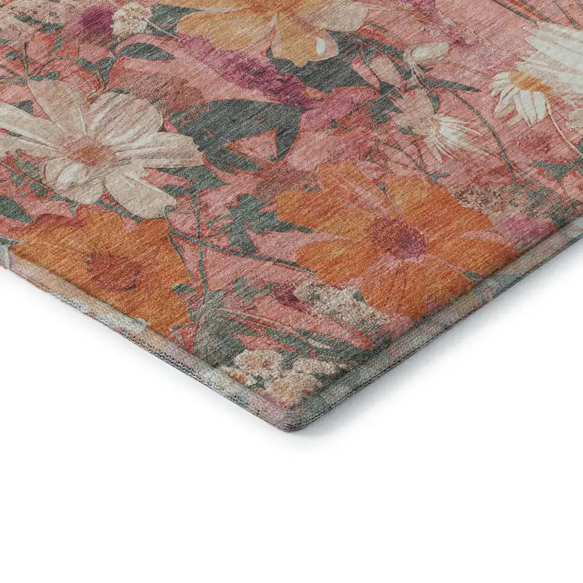 Blush Orange And Ivory Floral Washable Area Rug With UV Protection Photo 7