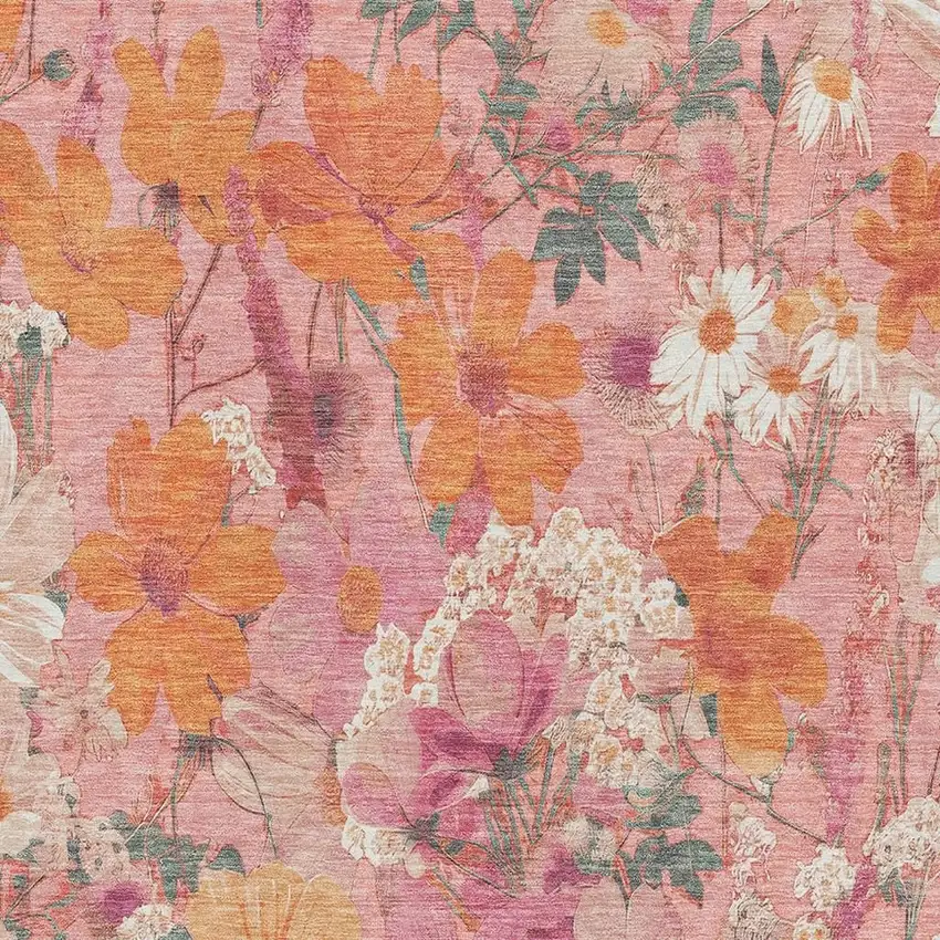 Blush Orange And Ivory Floral Washable Area Rug With UV Protection Photo 2