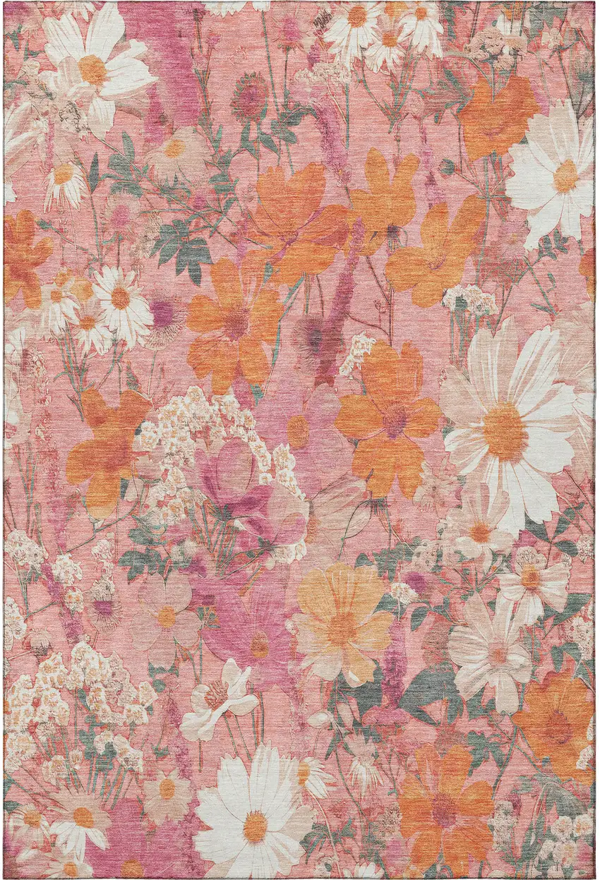 Blush Orange And Ivory Floral Washable Area Rug With UV Protection Photo 3