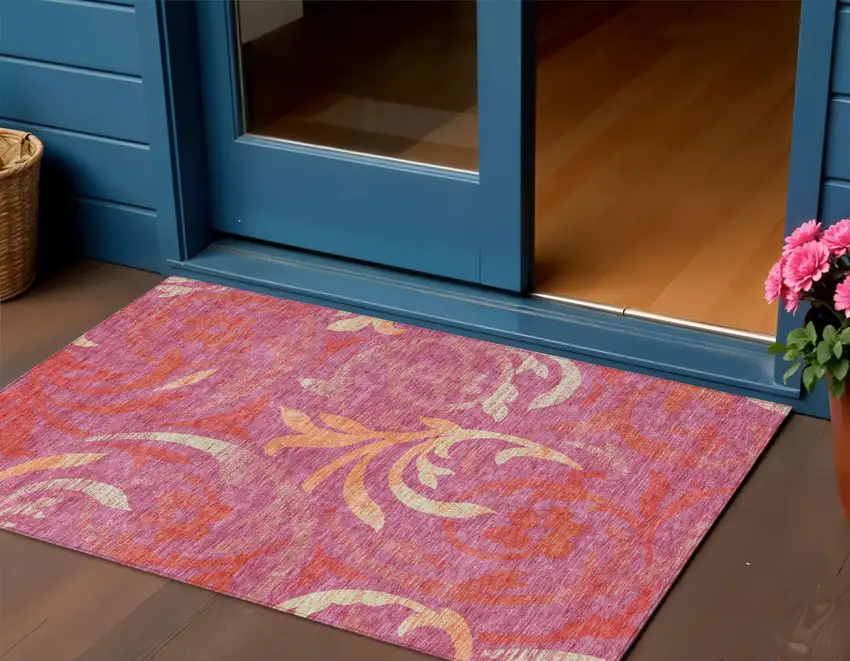 Blush Orange And Ivory Floral Washable Indoor Outdoor Area Rug Photo 1