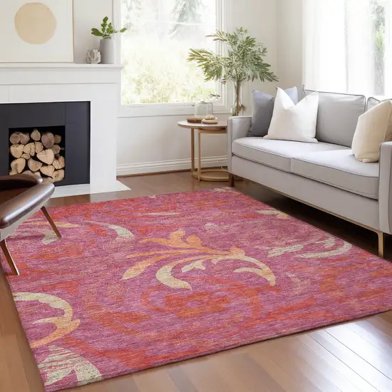 Blush Orange And Ivory Floral Washable Indoor Outdoor Area Rug Photo 9