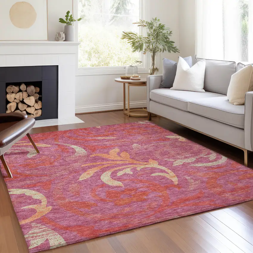 Blush Orange And Ivory Floral Washable Indoor Outdoor Area Rug Photo 9