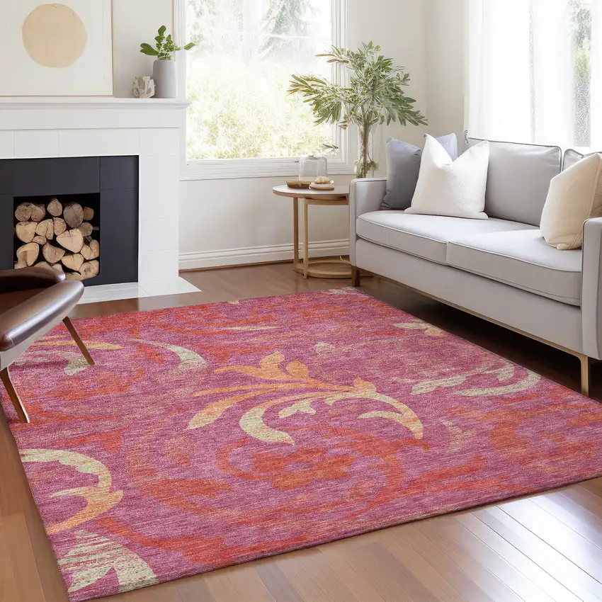 Blush Orange And Ivory Floral Washable Indoor Outdoor Area Rug Photo 9